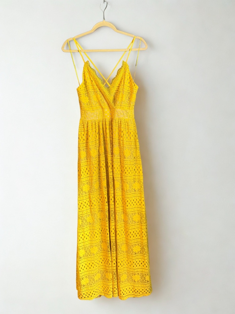 Vici Yellow Lace Maxi Dress with Crisscross Straps
